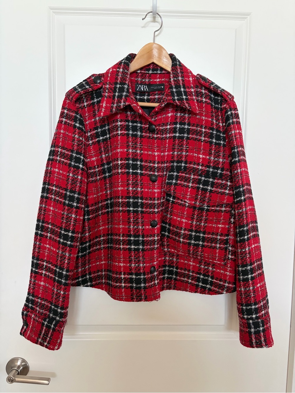 Zara Red and Black Plaid Button-Up Jacket